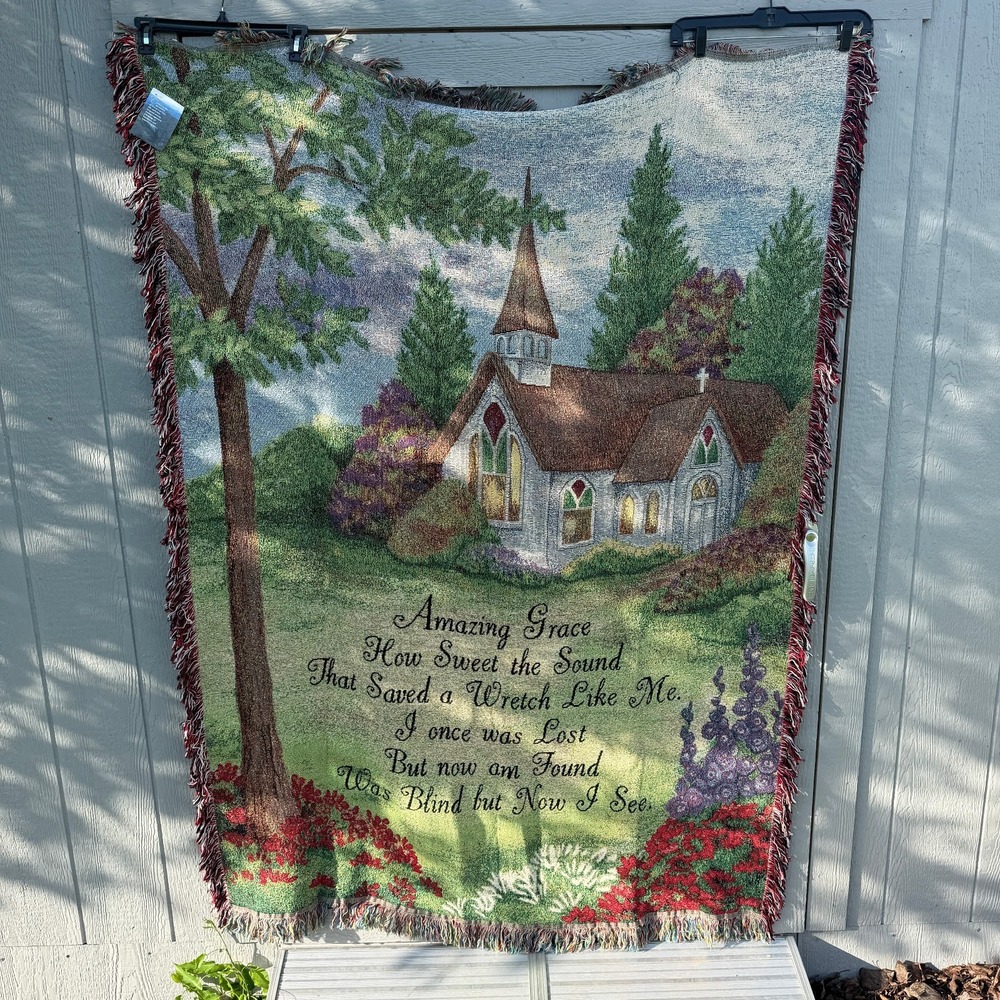 Tapestry Throw Blanket 51x68 Church Amazing Grace Made In USA Cotton